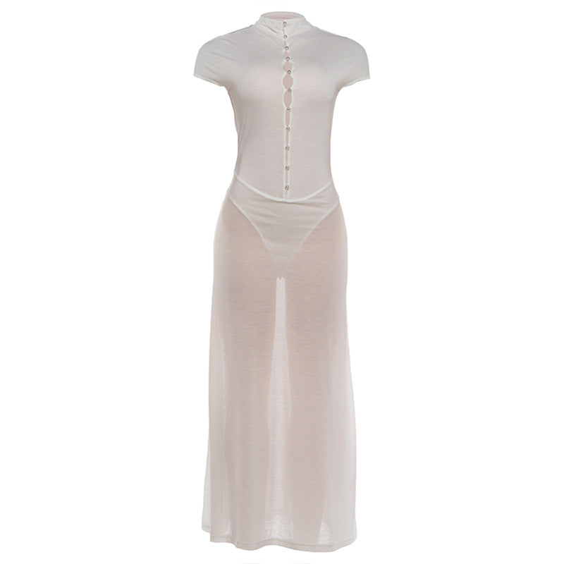 Damen Elegantes Maxikleid mit kurzer Knopfleiste und transparentem Stoff Drune