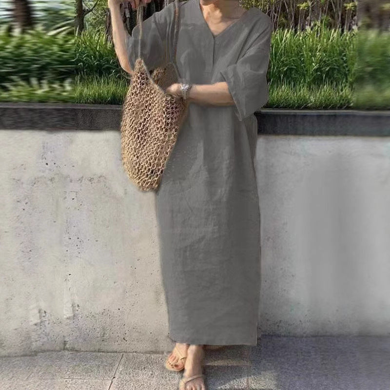 Damen lässiges Leinen-Midikleid mit V-Ausschnitt und weit geschnittenen Ärmeln Drune