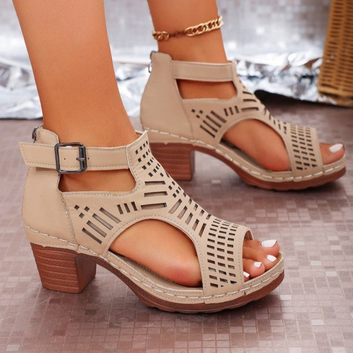 Damen trendige Sandalen mit durchbrochenem Design und Holz-Elementen Drune