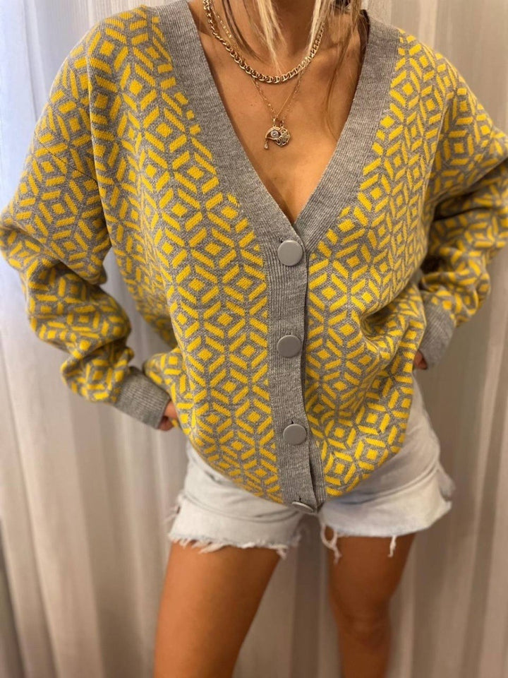 Damen Strick-Cardigan mit modernem geometrischen Muster und praktischen Taschen Drune
