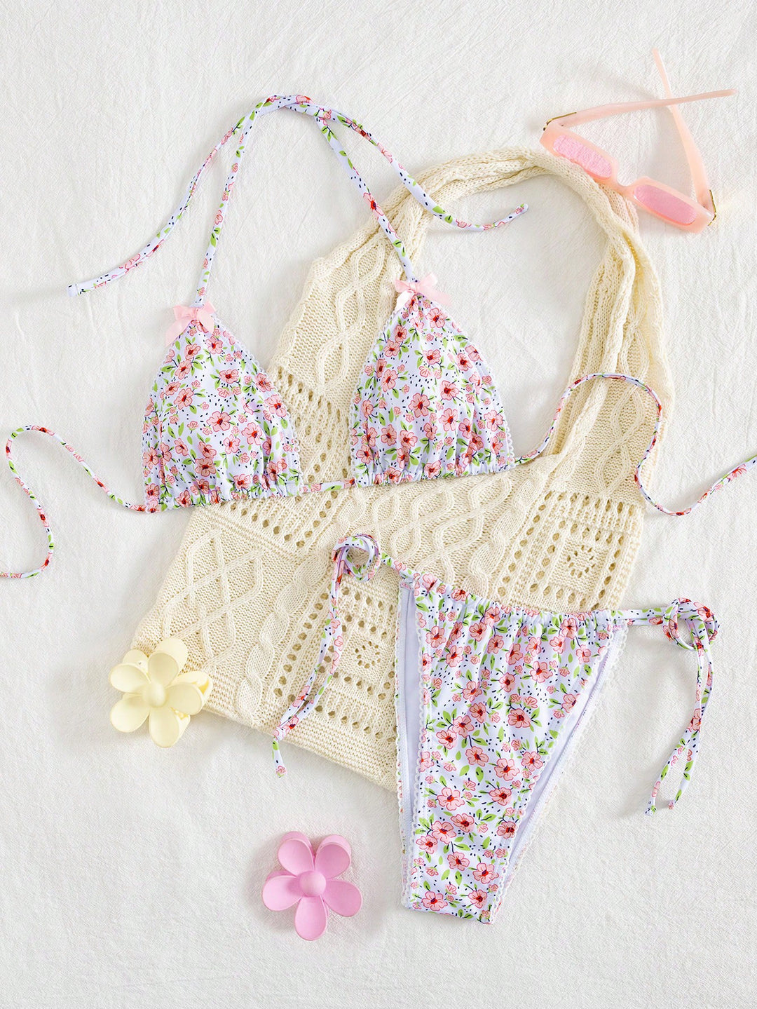 Damen Triangel-Bikini mit floralem Muster und vielseitigem Höschen Drune