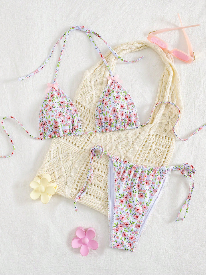 Damen Triangel-Bikini mit floralem Muster und vielseitigem Höschen Drune