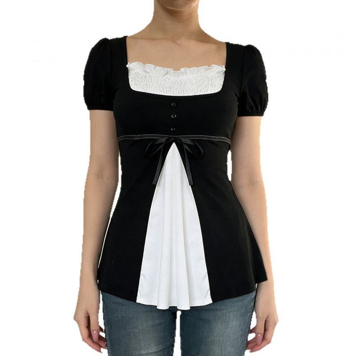 Damen Elegantes Kurzarm-Oberteil mit Plissee und Dekoband Drune