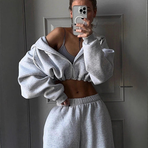 Damen lässiges cropped Sweatshirt und weite High-Waist Jogginghose Set Drune