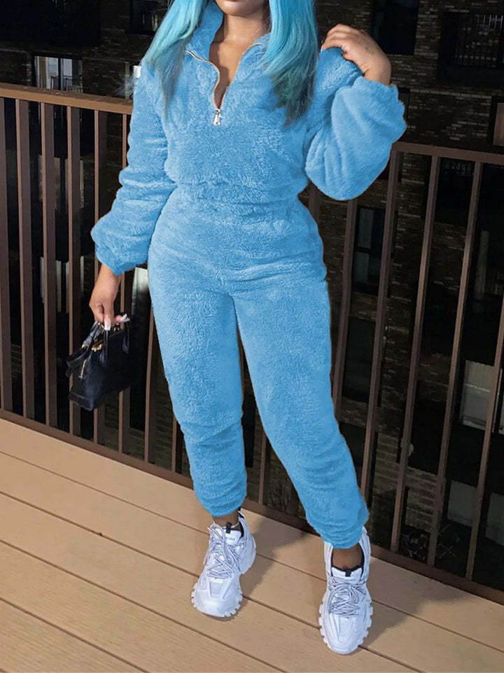Damen nan kuscheliges Teddy-Lounge-Set mit Halbzip und Highwaist-Jogger Drune
