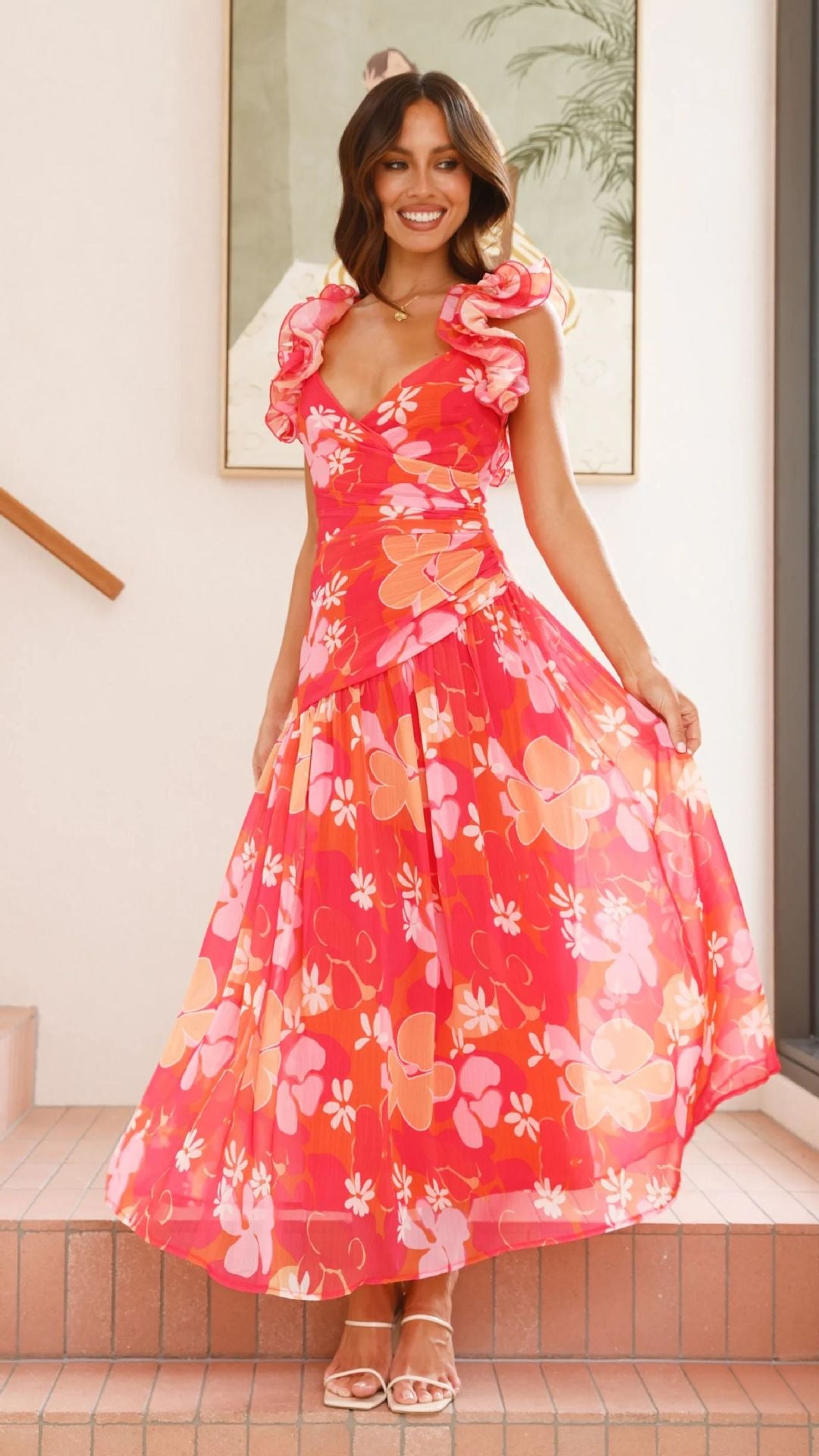 Damen Maxikleid mit eleganten Rüschen und figurbetontem Schnitt Drune
