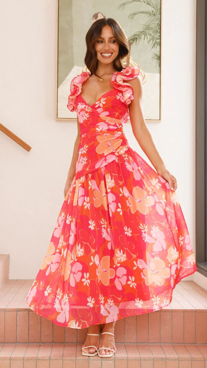 Damen Maxikleid mit eleganten Rüschen und figurbetontem Schnitt Drune