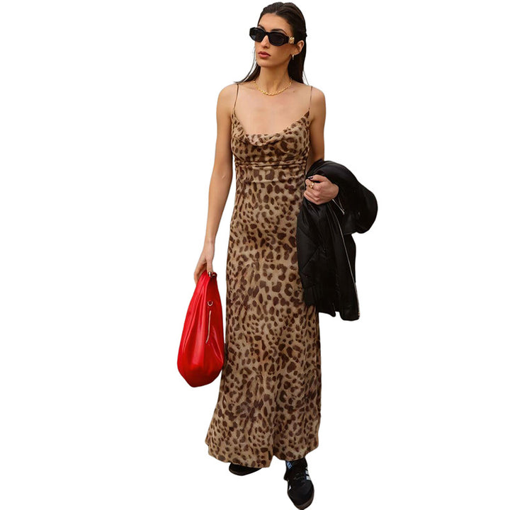 Damen Maxi Kleid mit elegantem Leopardenmuster und schmalen Trägern Drune