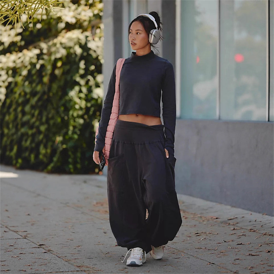 Damen lässiges Set aus cropped Oberteil und weiten Hose Drune