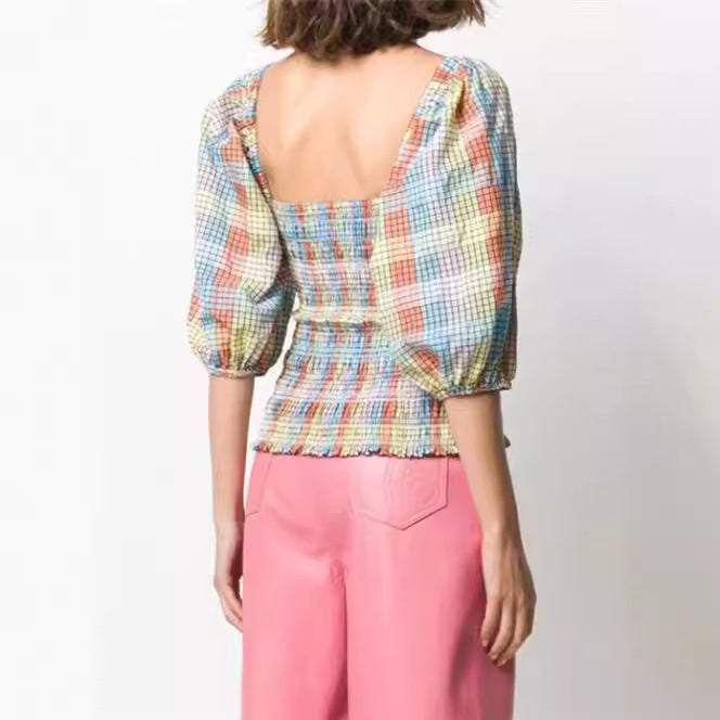 Damen Puffärmel Bluse mit kariertem Design Drune