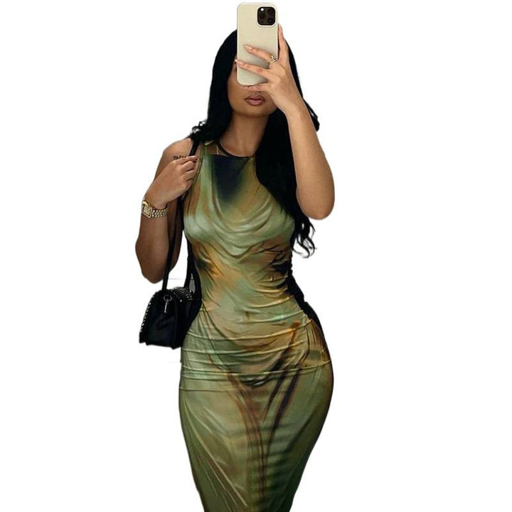 Damen Figurbetontes Maxikleid mit elegantem Grafikdruck und raffinierten Trägern Drune