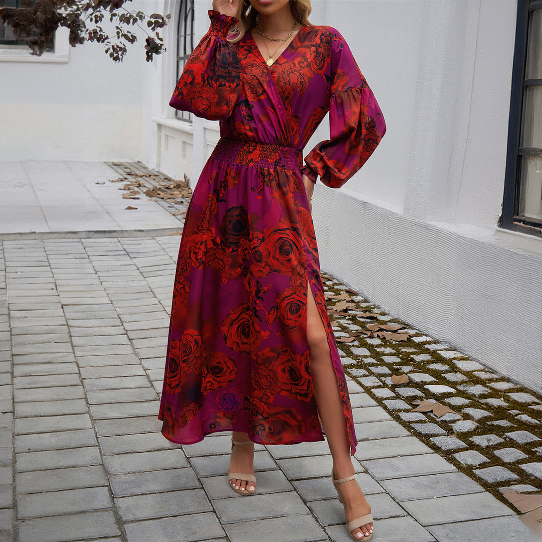 Damen nan Wickelmidikleid mit V-Ausschnitt, Ballonärmeln und taillierendem Gürtel Drune