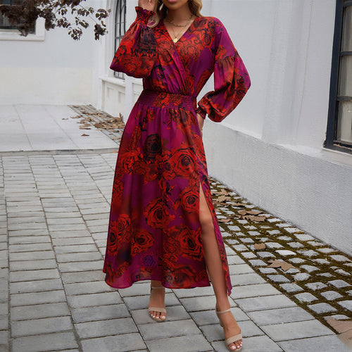 Damen nan Wickelmidikleid mit V-Ausschnitt, Ballonärmeln und taillierendem Gürtel Drune