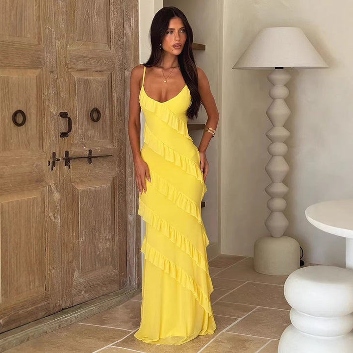Damen Maxikleid mit elegantem Volantdesign und verstellbaren Trägern Drune