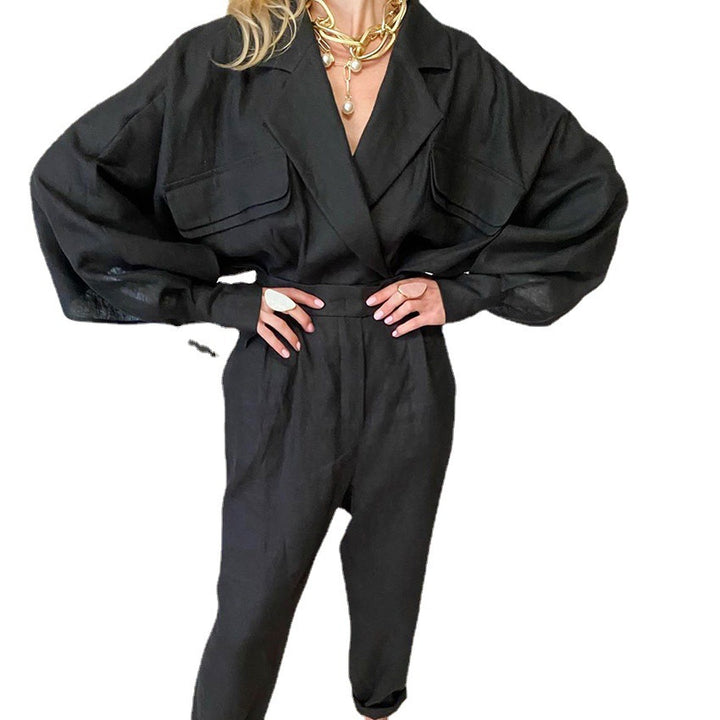 Damen modisches Leinen-Jumpsuit mit voluminösen Ärmeln und eleganter Bindegürtel Drune