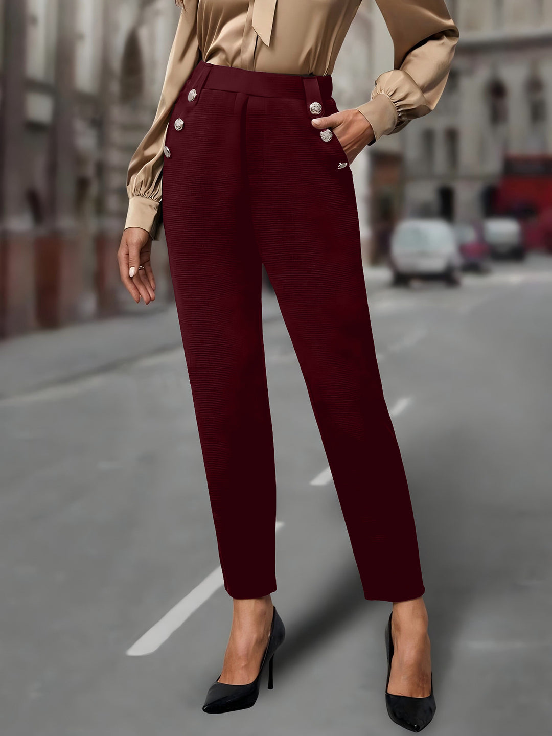 Damen elegante Anzughose mit doppeltem Knopfverschluss und schmalem Bein Drune