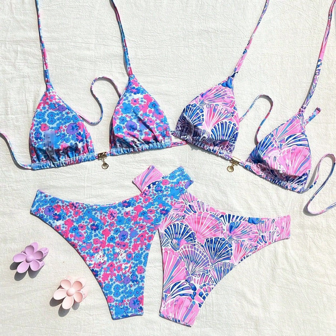Damen Triangel-Bikini-Set mit floralen Mustern und stylischen Riemchen Drune