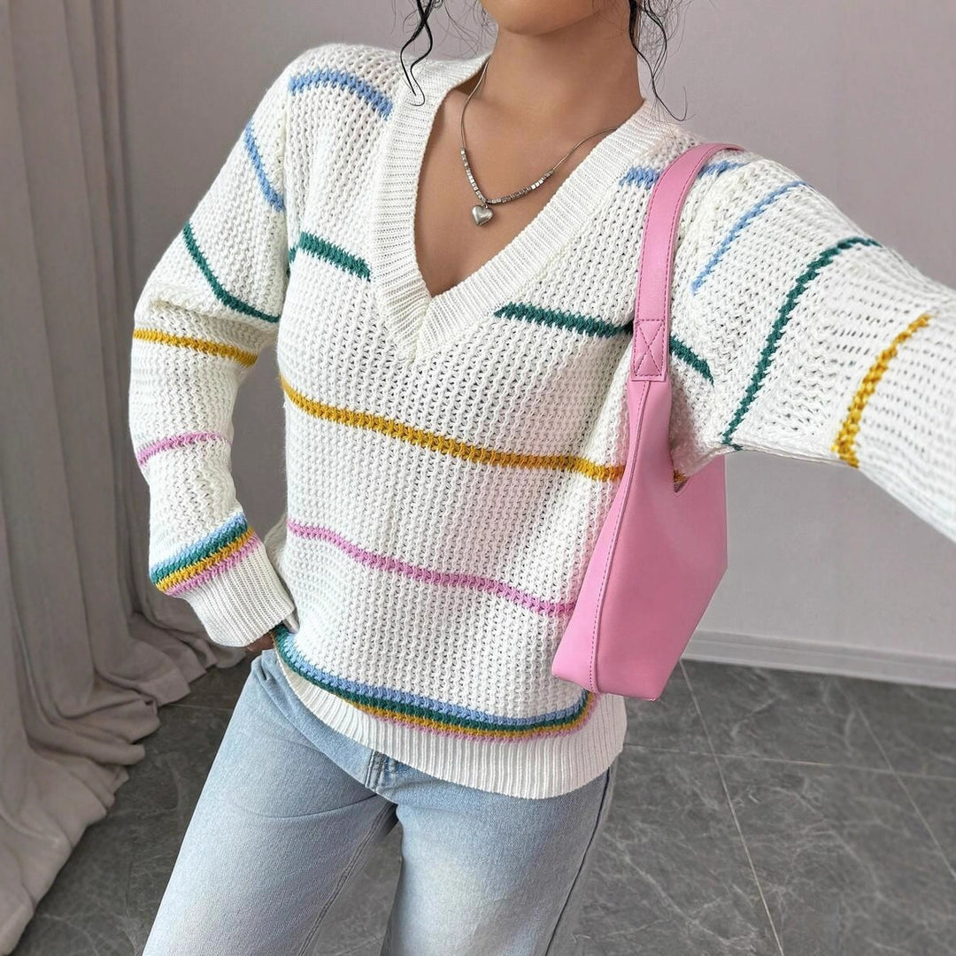 Damen lässiger Strickpullover mit V-Ausschnitt und buntem Streifenmuster Drune