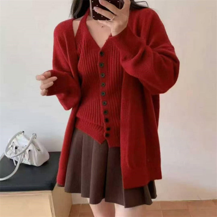 Damen Grobstrickjacke mit abnehmbaren Ärmeln und Knopfdetails Drune