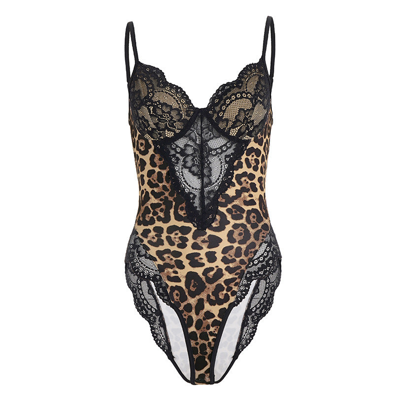 Damen-Spitzen-Bodysuit mit animalischem Muster und sexy Cut-Outs Drune