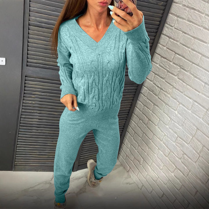 Damen Strickpullover und Jogginghose Set mit Zopfmuster Drune