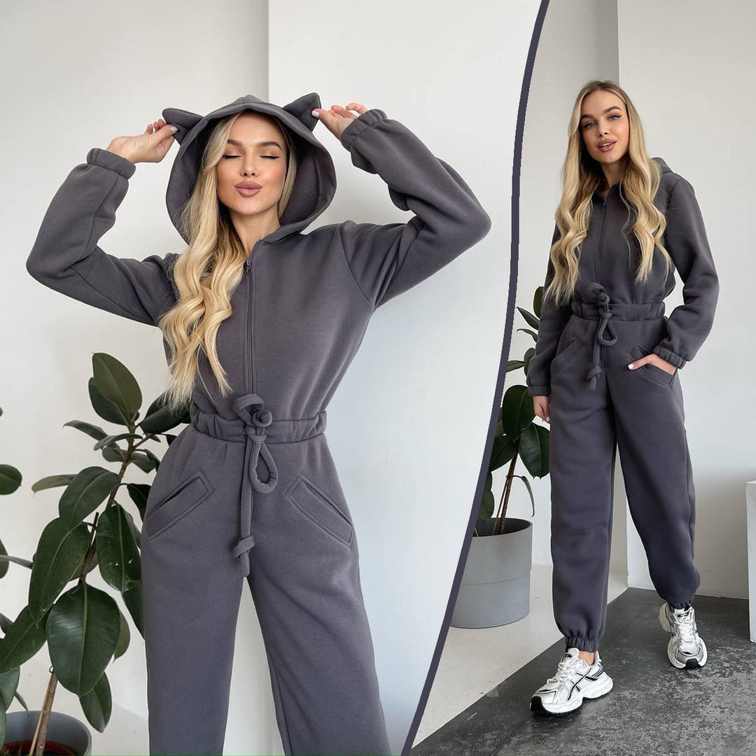 Damen Kuscheliger Jumpsuit mit Känguru-Taschen und Tierohren Drune
