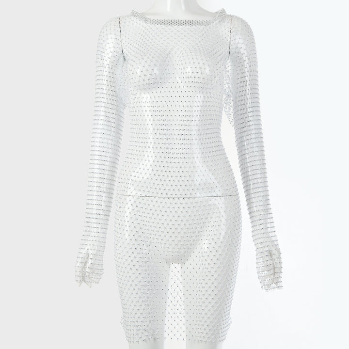 Damen glitzernder Netz-Bodysuit mit langen Ärmeln und figurbetontem Schnitt Drune