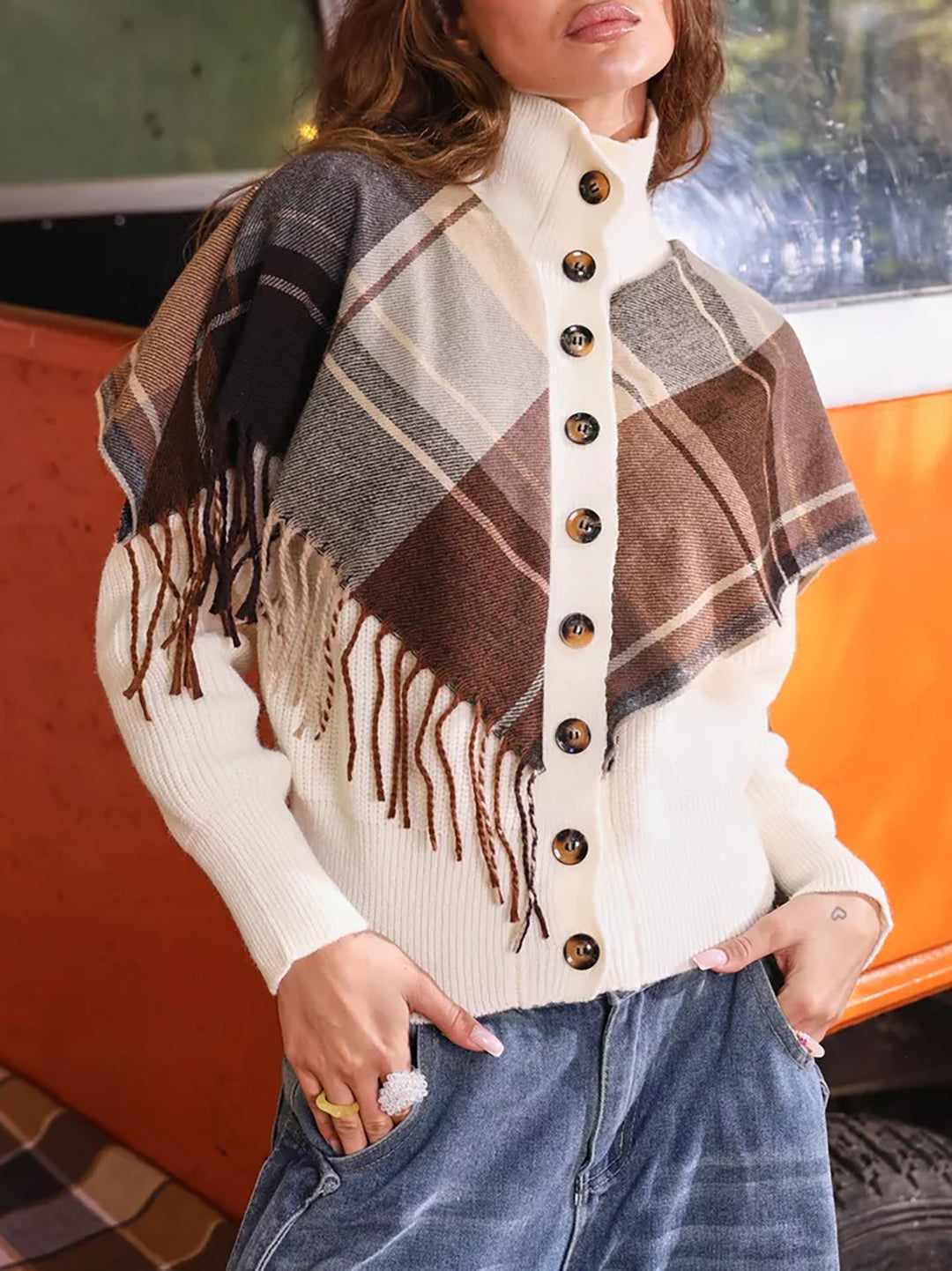 Damen eleganter Cardigan mit Fransen und dekorativen Knöpfen Drune