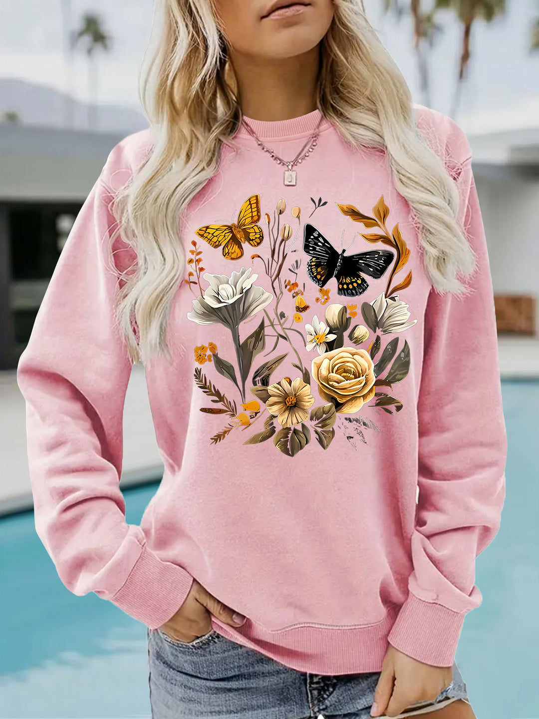 Damen Sweatshirt mit floralem Druck und lässiger Passform Drune