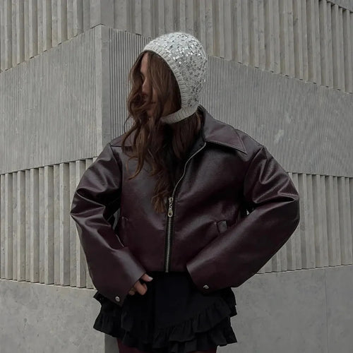 Damen Oversized Kunstlederjacke mit breitem Kragen und Reißverschluss Drune