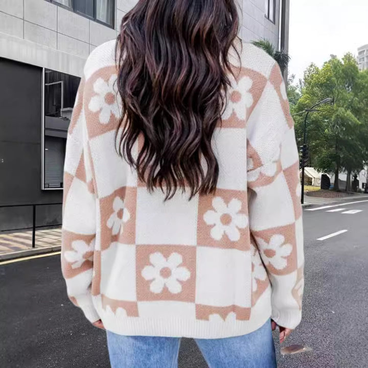 Damen Oversized Strickpullover mit floralem Muster und lässigem Schnitt Drune