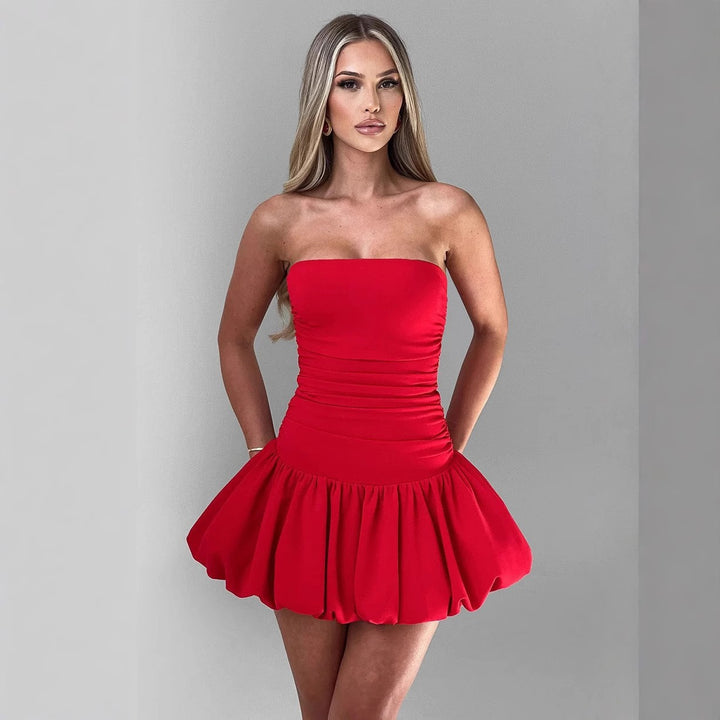 Damen figurbetontes, trägerloses Minikleid mit Rüschen und elastischem Taillenbund Drune