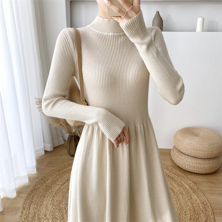 Damen elegantes midi Kleid mit dehnbarem Bund und langem Ärmel Drune