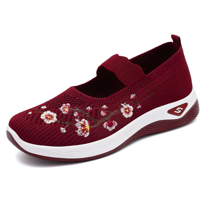 Damen nan bestickter gestrickter Slip-On Sneaker mit Mary-Jane Riemen und stoßdämpfender EVA-Sohle Drune