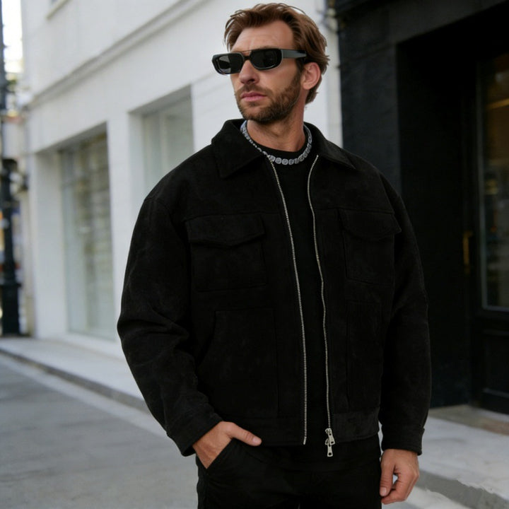 Herren nan oversized Velourslederjacke mit Reißverschluss, Hemdkragen und aufgesetzten Pattentaschen Drune