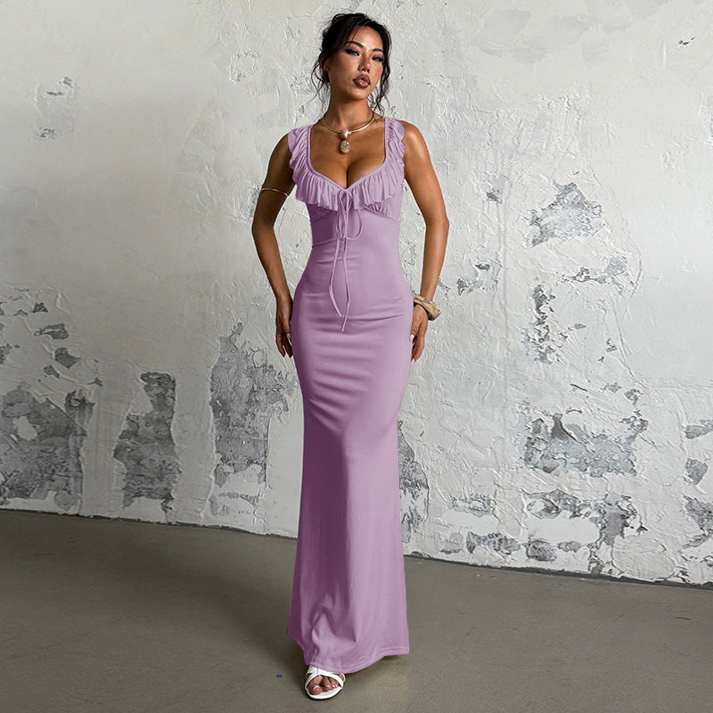 Damen figurbetontes Maxikleid mit Rüschendetails und V-Ausschnitt Drune