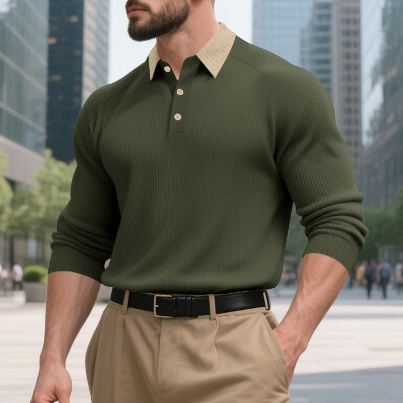 Herren lässiges Langarm-T-Shirt mit strukturiertem Stoff und modischem Kragen Drune