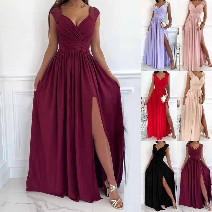 Damen Elegantes Maxikleid mit Spitzenoberteil und hohem Schlitz Drune