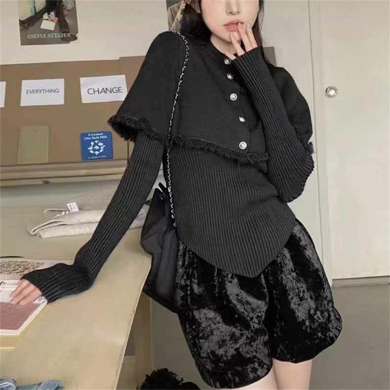 Damen modischer Pullover mit abnehmbarer Schulterpartie und Knopfdetails Drune