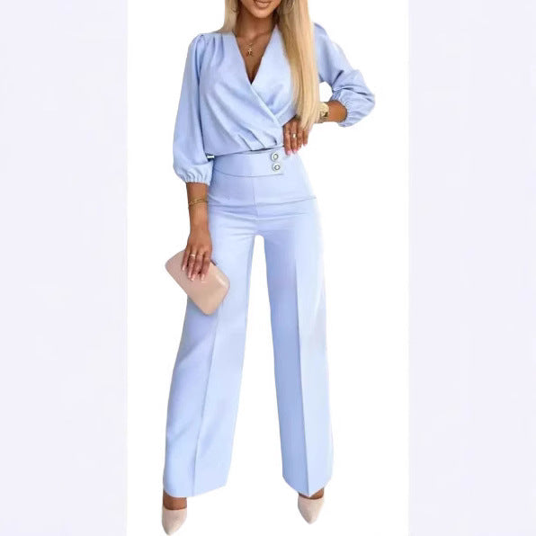 Damen eleganter Jumpsuit mit Wickeloberteil und hochtaillierten Beinen Drune