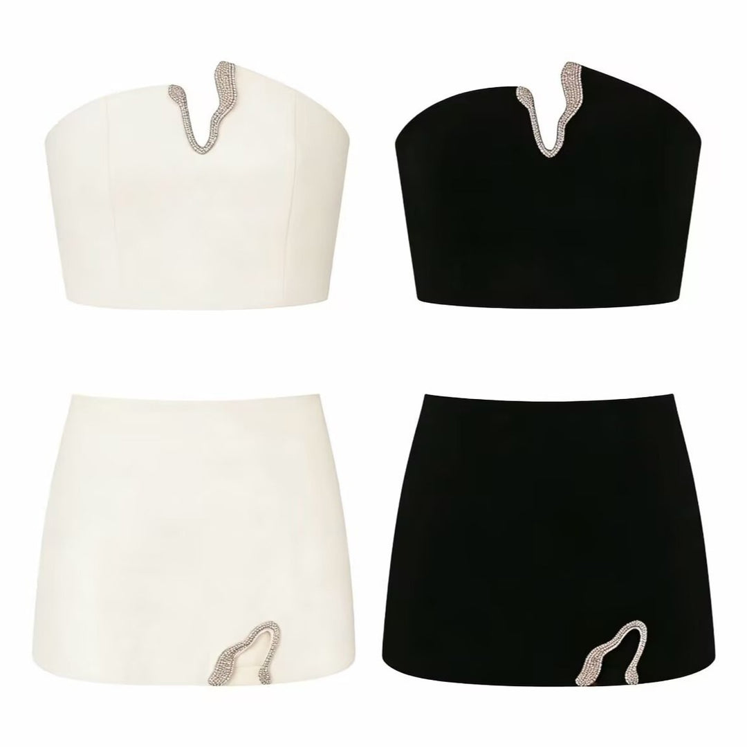 Damen Crop-Top und Mini-Rock Set mit dekorativem Detail Drune