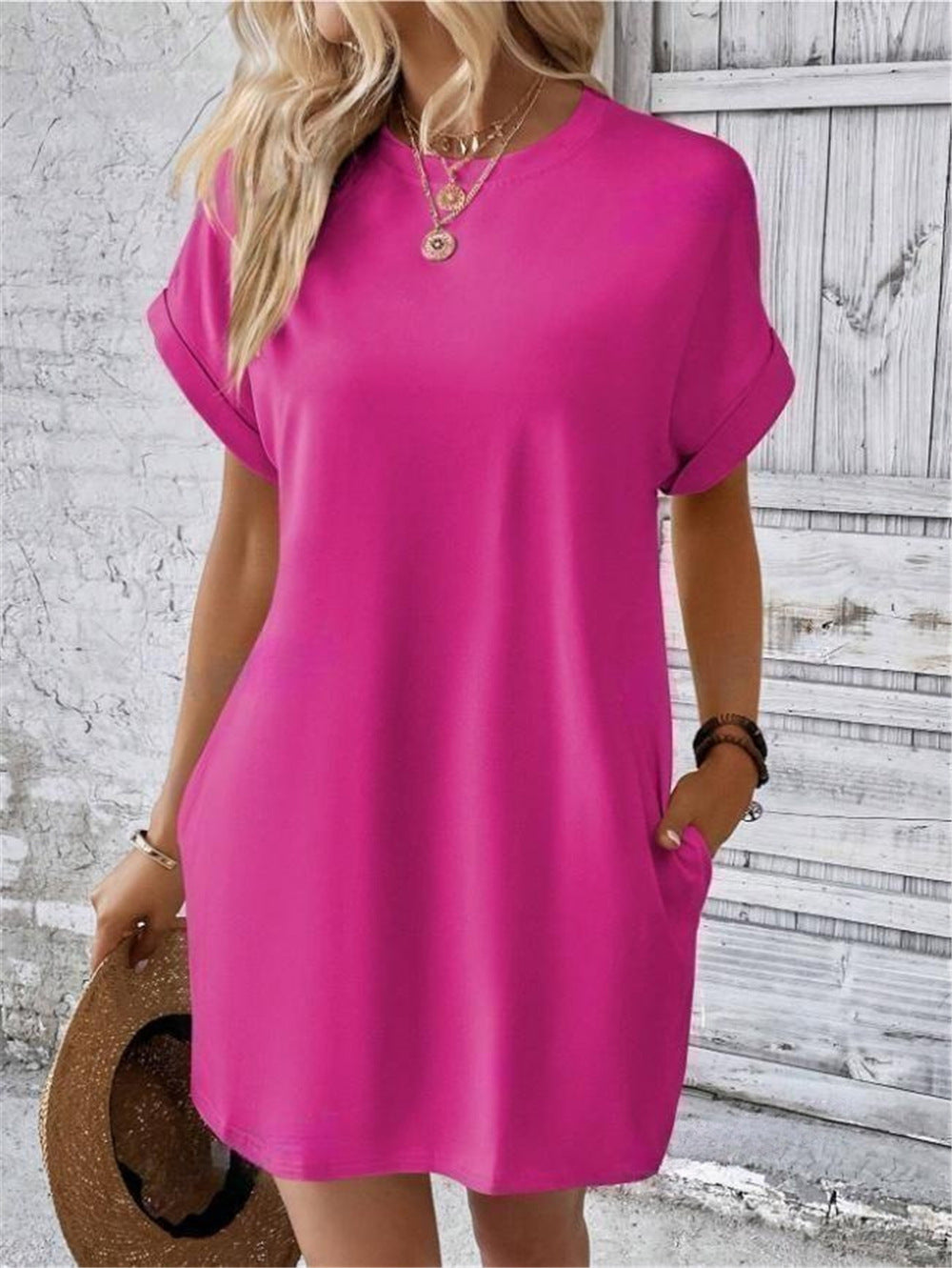 Damen lässiges Kurzarm-Dress mit Seitentaschen Drune
