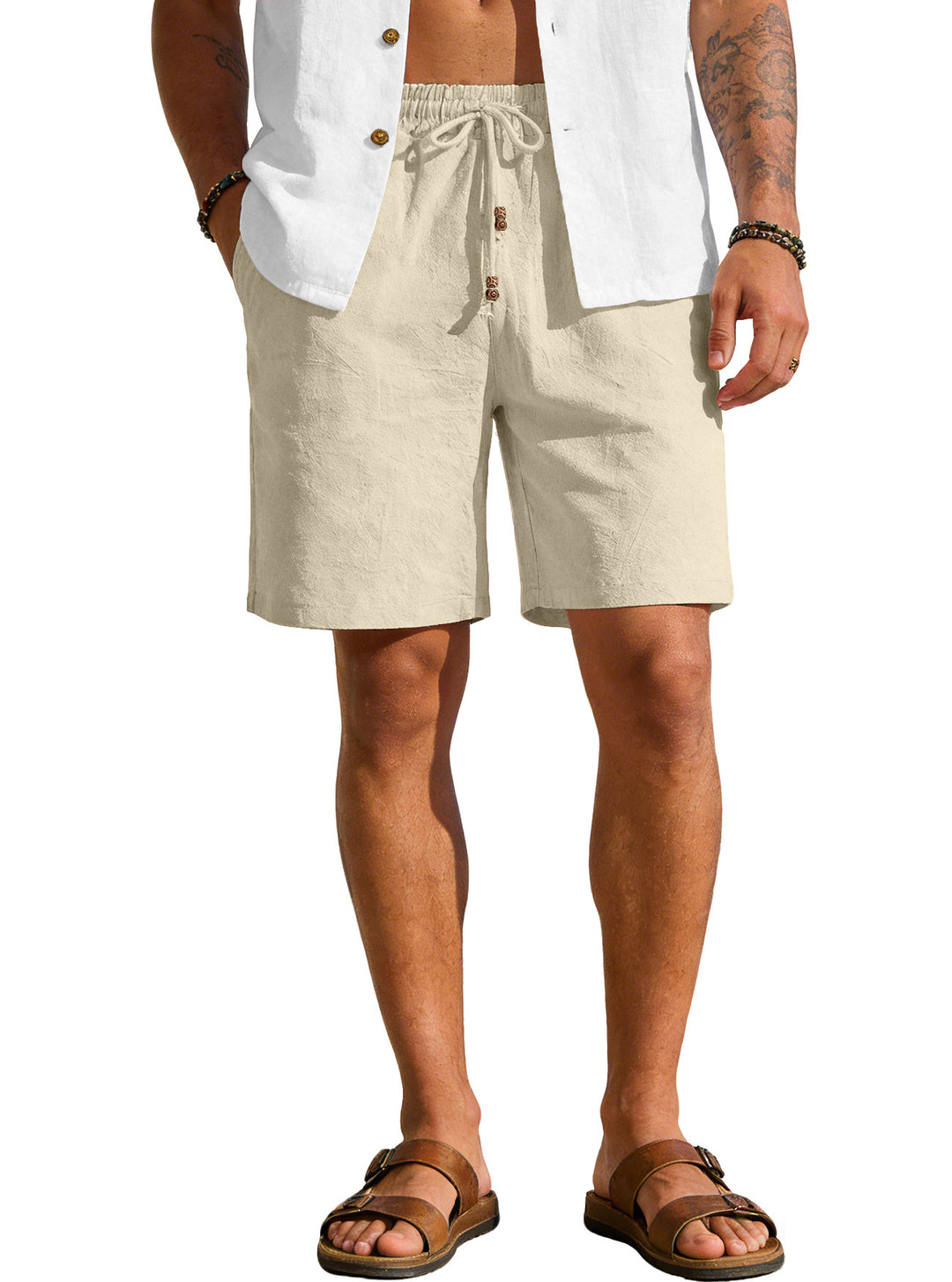 Herren nan leichte Strand-Bermuda aus Leinenmix mit Elastikbund Kordelzug und Zierknopfleiste Drune