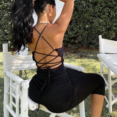 Damen Langarm Strickkleid mit überkreuzten Trägern Drune