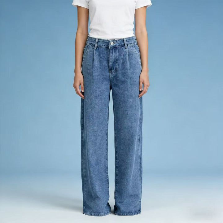Damen nan hochgeschnittene Bundfalten-Weitbein-Jeans mit hohem Bund und Gürtelschlaufen Drune