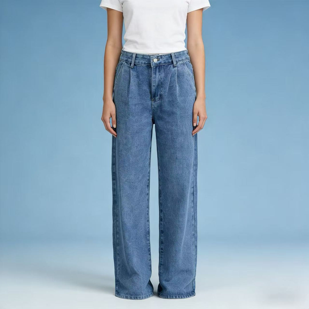 Damen hochgeschnittene weite Jeans im lässigen Stil mit eleganter Faltenlegung Drune