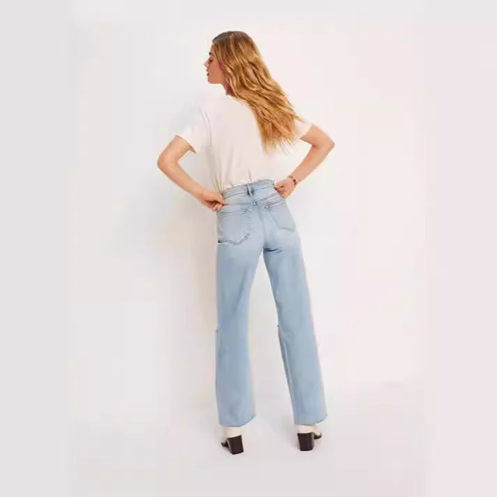 Damen High-Waist Jeans mit fransigem Saum und modischen Rissdetails Drune