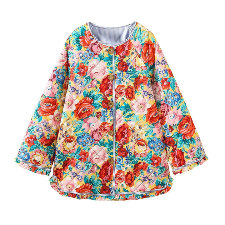 Damen Überwurfjacke mit buntem Blumenmuster und dekorativen Knöpfen Drune