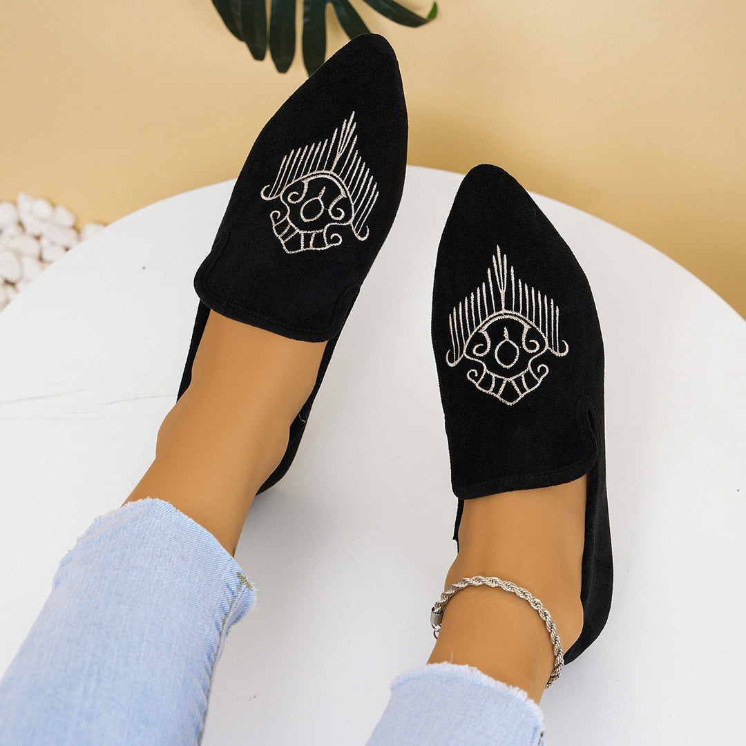 Damen nan bestickte Wildlederoptik-Slipper mit spitzer Leistenform und flacher rutschfester Gummisohle Drune