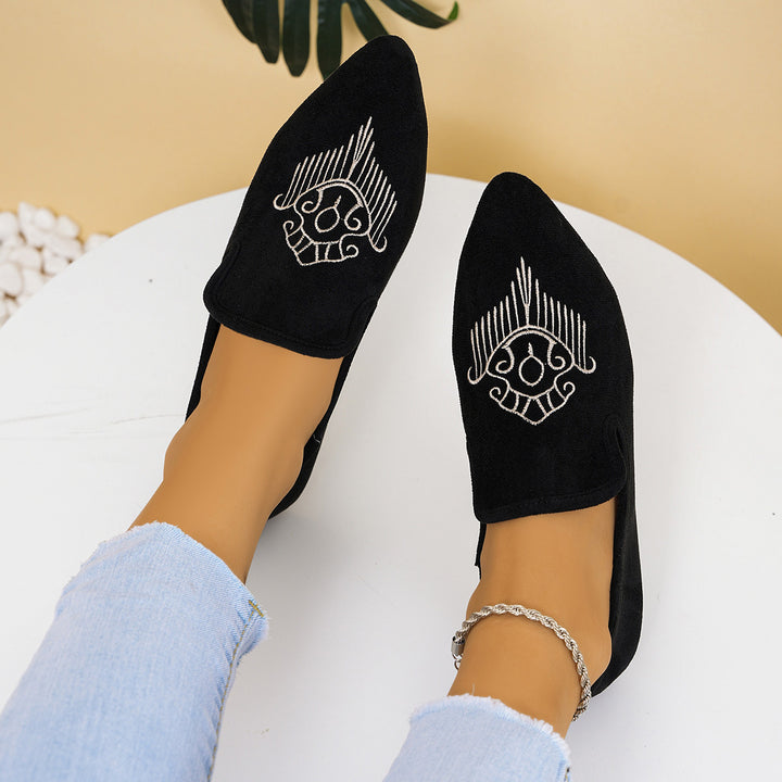 Damen nan bestickte Wildlederoptik-Slipper mit spitzer Leistenform und flacher rutschfester Gummisohle Drune